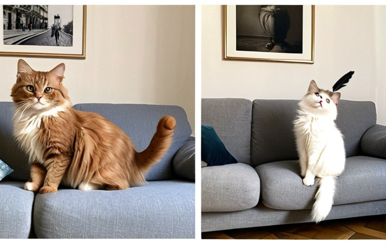 ** A before-and-after photo of a fluffy cat named Minou. In the "before" picture, Minou is struggling to jump onto a sofa, looking overweight. In the "after" picture, Minou is leaping gracefully, looking much fitter. A feather wand toy is nearby. The background should suggest a cozy, stylish Parisian apartment.
**