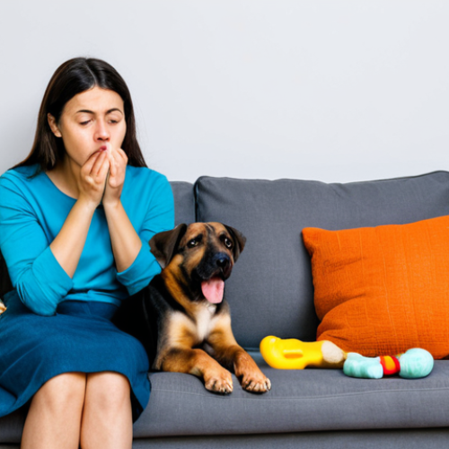 A domestic dog, a medium-sized mixed breed, displaying signs of separation anxiety, gently gnawing on a throw pillow on a sofa. The dog's expression is one of mild distress. A fully clothed female owner, dressed in modest casual wear, observes the dog with a concerned but understanding expression. The living room is tidy but shows a few scattered pet toys. The scene emphasizes the emotional challenge for both pet and owner, captured with professional photography. The dog has perfect anatomy, correct proportions, natural pose, well-formed paws, and natural body proportions. The human subject has perfect anatomy, correct proportions, natural pose, well-formed hands, proper finger count, and natural body proportions. safe for work, appropriate content, fully clothed, modest clothing, appropriate attire, family-friendly.