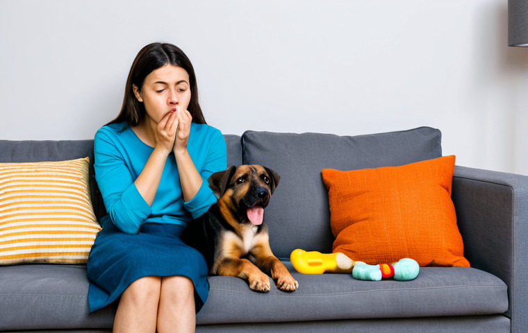 A domestic dog, a medium-sized mixed breed, displaying signs of separation anxiety, gently gnawing on a throw pillow on a sofa. The dog's expression is one of mild distress. A fully clothed female owner, dressed in modest casual wear, observes the dog with a concerned but understanding expression. The living room is tidy but shows a few scattered pet toys. The scene emphasizes the emotional challenge for both pet and owner, captured with professional photography. The dog has perfect anatomy, correct proportions, natural pose, well-formed paws, and natural body proportions. The human subject has perfect anatomy, correct proportions, natural pose, well-formed hands, proper finger count, and natural body proportions. safe for work, appropriate content, fully clothed, modest clothing, appropriate attire, family-friendly.