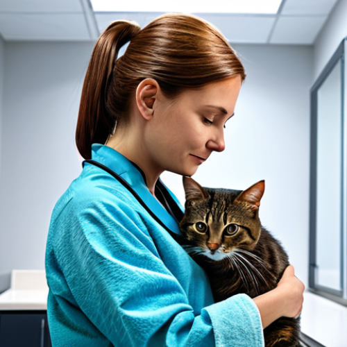 **

A veterinarian in a modern clinic, examining a fully clothed cat gently wrapped in a towel. The cat is calm and the vet is reassuring.  The clinic is clean and well-lit. Safe for work, appropriate content, professional setting, showing care and expertise.  Perfect anatomy, natural proportions, high quality.

**