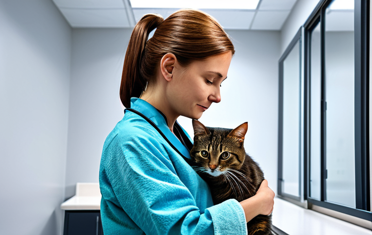 **

A veterinarian in a modern clinic, examining a fully clothed cat gently wrapped in a towel. The cat is calm and the vet is reassuring.  The clinic is clean and well-lit. Safe for work, appropriate content, professional setting, showing care and expertise.  Perfect anatomy, natural proportions, high quality.

**