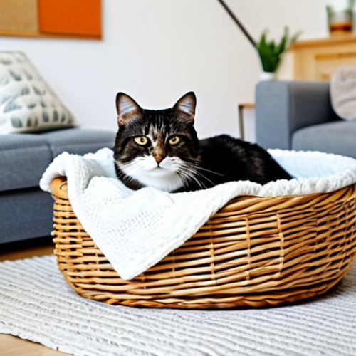 Home 16 고양이 입양 전 준비물 - Cat's Haven**
"A cozy cat basket in a bright living room, surrounded by soft blankets and cushions,...