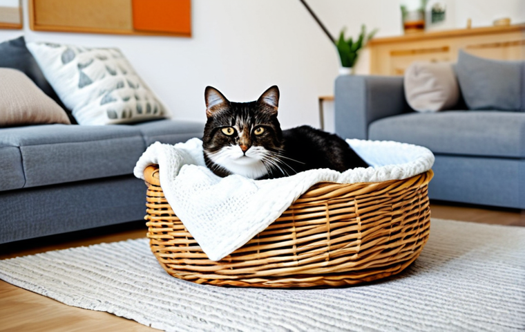 고양이 입양 전 준비물 - Cat's Haven**
"A cozy cat basket in a bright living room, surrounded by soft blankets and cushions,...