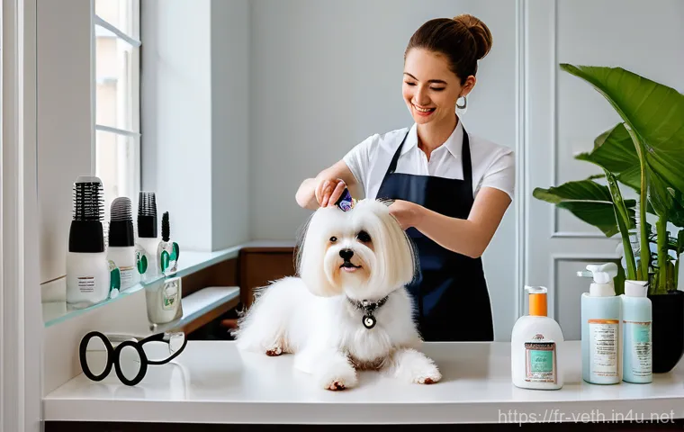 강아지 미용 비용 비교 - Image Prompt 1: The Professional Touch at a French Grooming Salon**