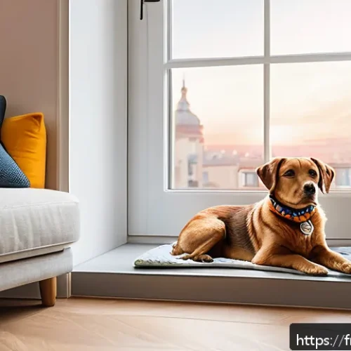 Home 30 반려동물 분리불안 치료법 - A cozy, dedicated pet corner in a modern French apartment, featuring a small cushioned dog bed with ...