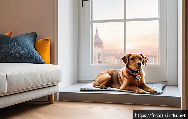 반려동물 분리불안 치료법 - A cozy, dedicated pet corner in a modern French apartment, featuring a small cushioned dog bed with ...