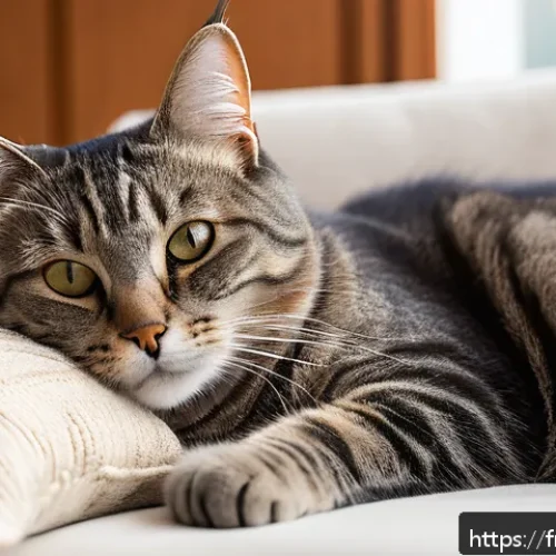 Home 29 고양이 약물 복용 요령 - A calm, cozy living room corner bathed in soft natural light, featuring a relaxed adult domestic cat...