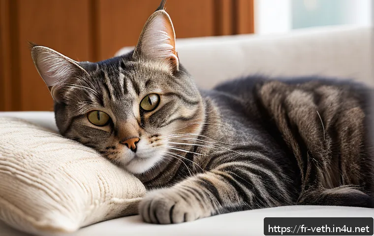 고양이 약물 복용 요령 - A calm, cozy living room corner bathed in soft natural light, featuring a relaxed adult domestic cat...