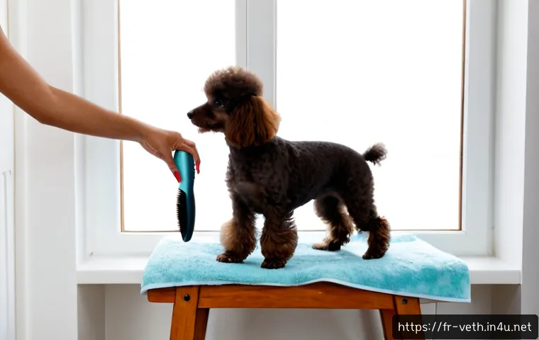 Home 17 반려동물 미용 관리법 - Photorealistic French apartment bathroom scene, a calm small poodle standing on a non-slip grooming ...