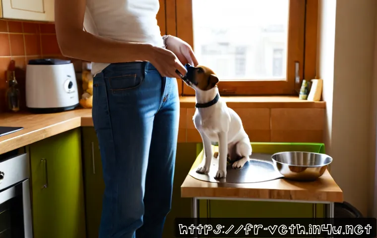 반려견 체중 관리 방법 - Photorealistic French apartment kitchen scene, a healthy medium-sized dog standing calmly beside a s...