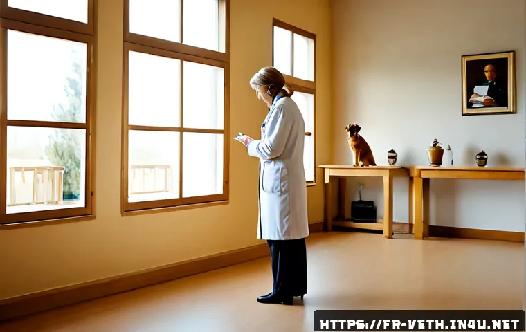 반려동물 장례 절차 - Photorealistic pet memorial consultation in a calm French veterinary clinic, compassionate veterinar...
